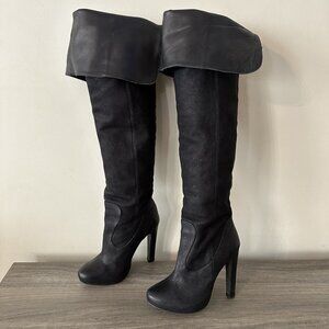 AllSaints Black Thigh High Heel Over Knee Leather Boots
